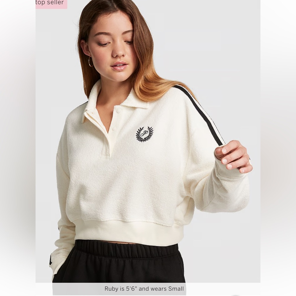 Victoria's Secret PINK REVERSE FLEECE CROPPED POLO SWEATSHIRT MEDIUM
